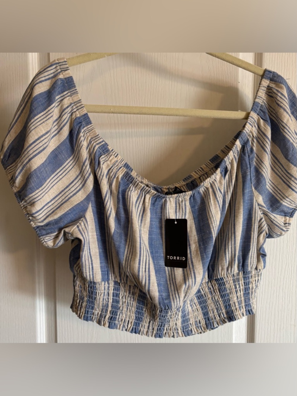 Linen Blend Smocked Waist Off-Shoulder Crop Top ~ NWT